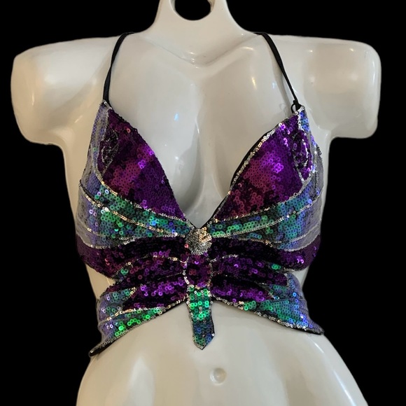 Sequins Butterfly Tie Back Crop Top - Picture 1 of 4